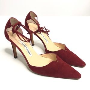 Manolo Blahnik Oxblood Red Suede Ankle Tie Up Heel